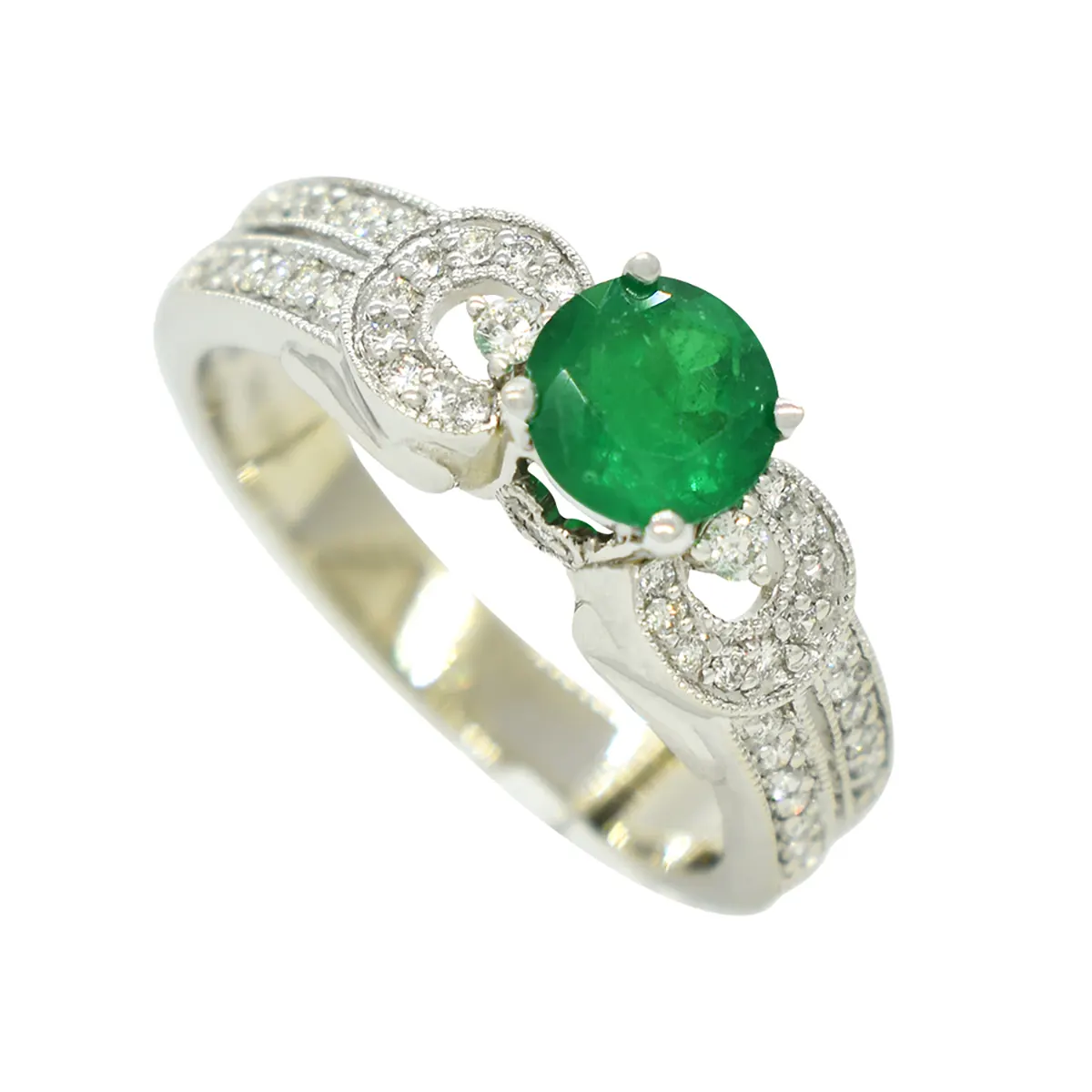 Emerald Ring in 14K White Gold With 44 Round Diamonds in Micro Pave Setting