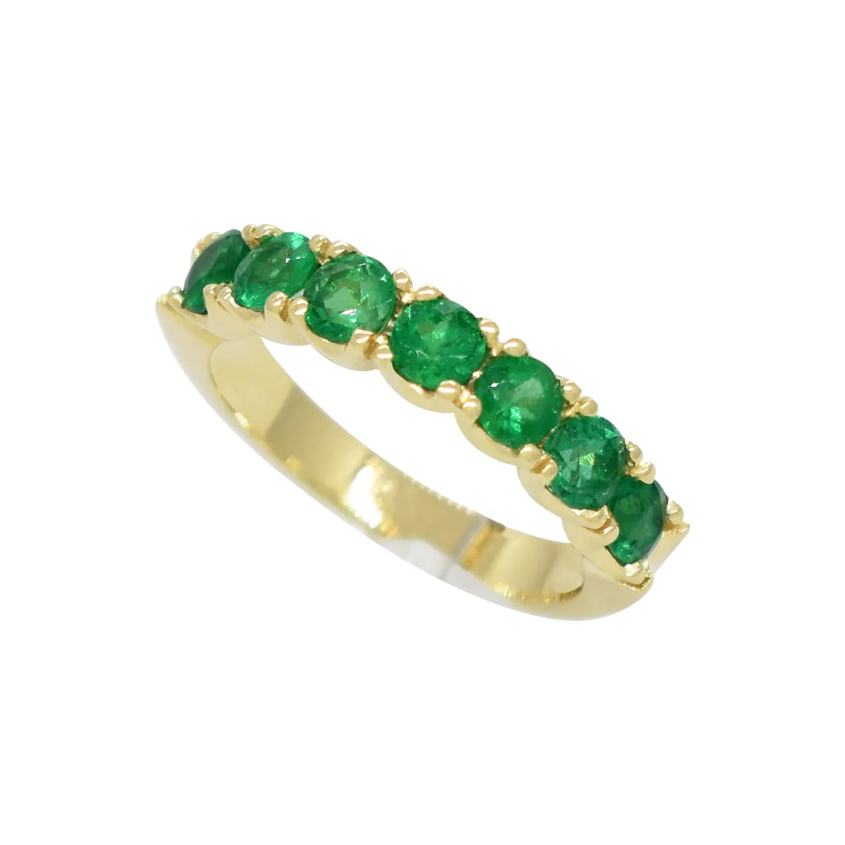 18K Gold Half Eternity Emerald Wedding Band With 7 Round Cut Natural Emeralds