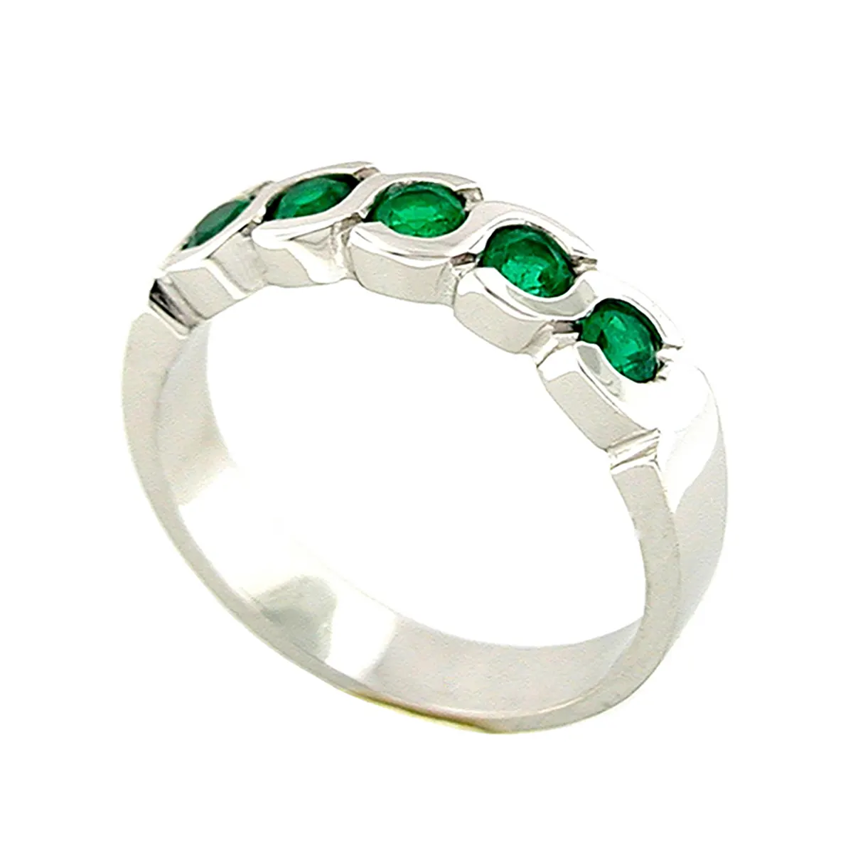 Emerald Band Ring with Round Cut Emeralds Set in 18K White Gold Bezel Setting