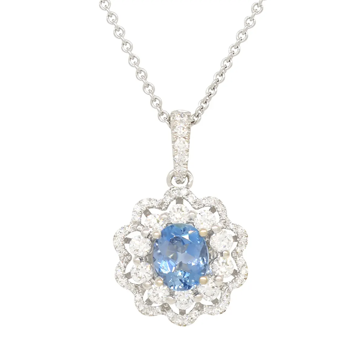 18K White Gold Aquamarine and Diamond Pendant Necklace with Stunning Blue Color