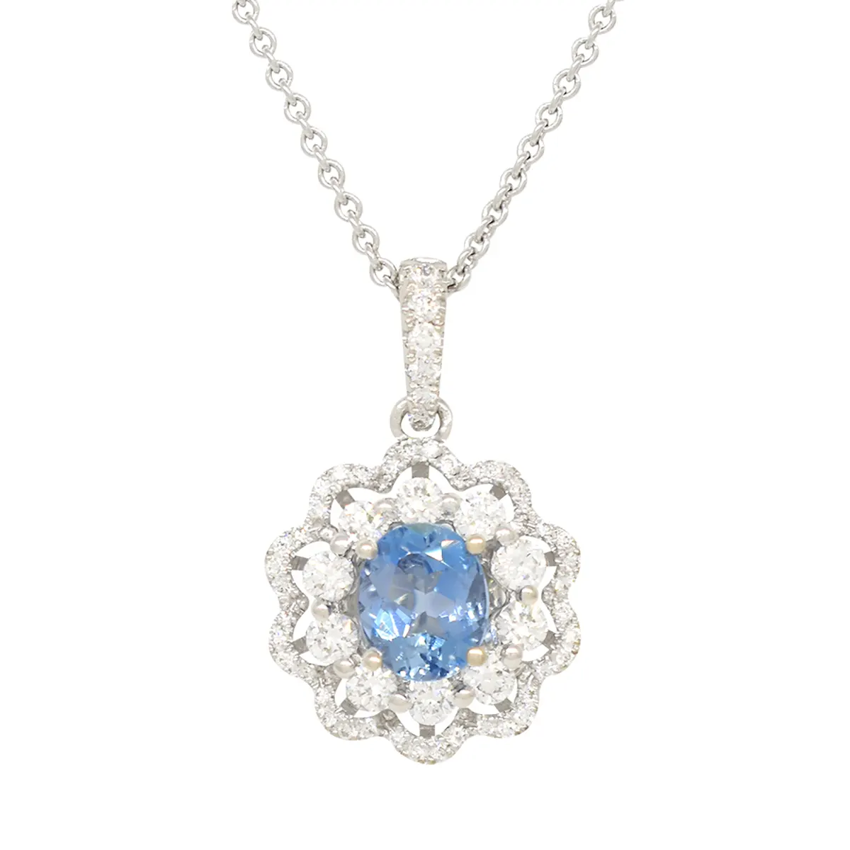 Aquamarine and diamond pendant necklace in white gold with 0.54 Ct. blue aquamarine and 0.41 Ct. t.w. in 56 round cut genuine diamonds