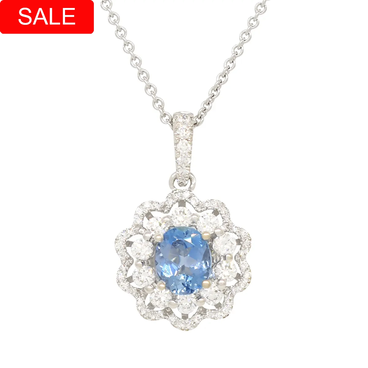 Aquamarine and diamond pendant necklace in white gold with 0.54 Ct. blue aquamarine and 0.41 Ct. t.w. in 56 round cut genuine diamonds