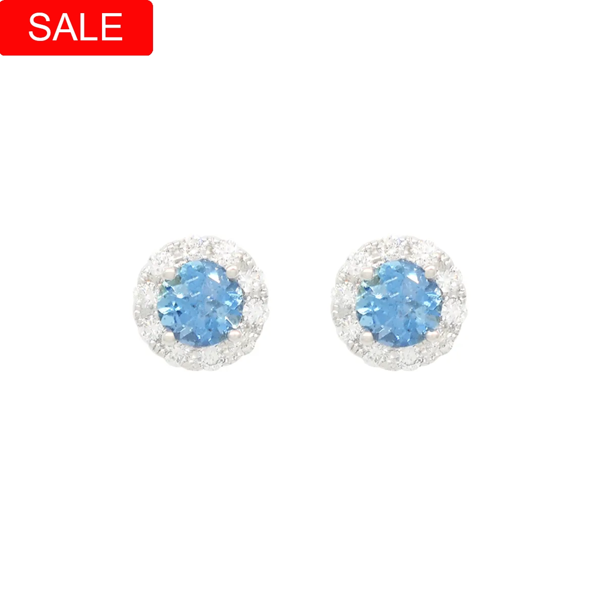 Dainty Stud Earrings With Aquamarine and Diamond Halo in 18K White Gold