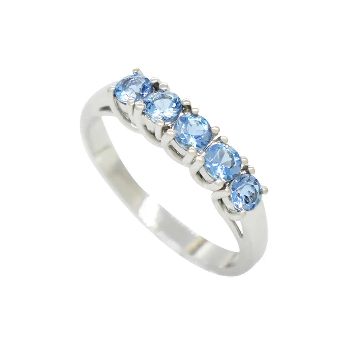 Small aquamarine wedding band ring with 0.48 Ct. t.w. in 5 round cut natural aquamarines custom made in 18K white gold