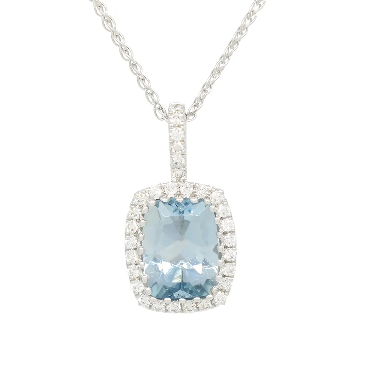 Aquamarine and diamond necklace in 14K white gold with 1.64 Ct. cushion cut natural aquamarine and 0.18 Ct. total weight in 30 genuine round cut diamonds