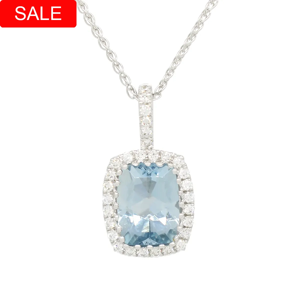 Aquamarine and Diamond Necklace with Stunning Cushion Cut Aquamarine and Diamond Halo