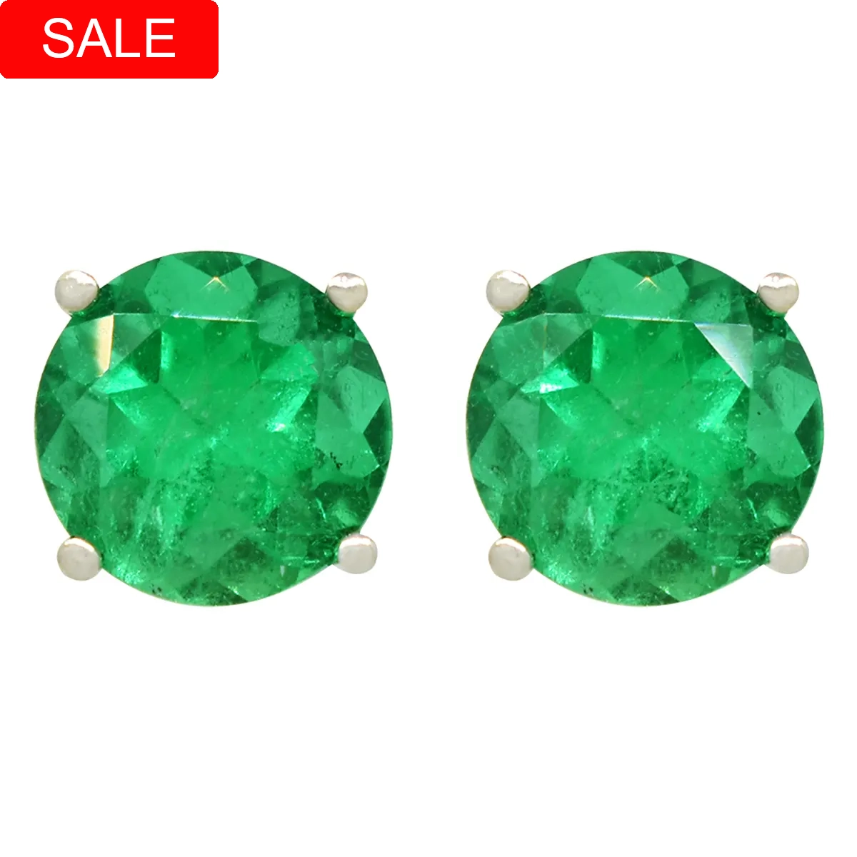 Large emerald stud earrings in 18K white gold with 2.78 Ct. t.w. in 2 genuine round cut natural Colombian emeralds with clear and brilliant green color