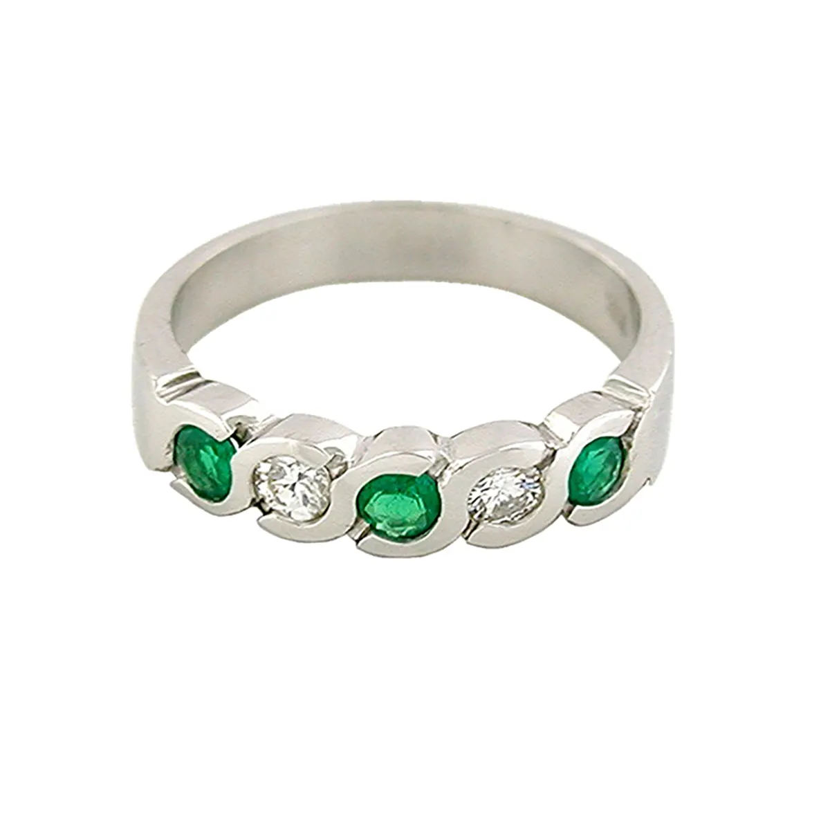 Emerald and diamond ring band with round cut natural Colombian emeralds and brilliant cut genuine diamonds in 18K white gold