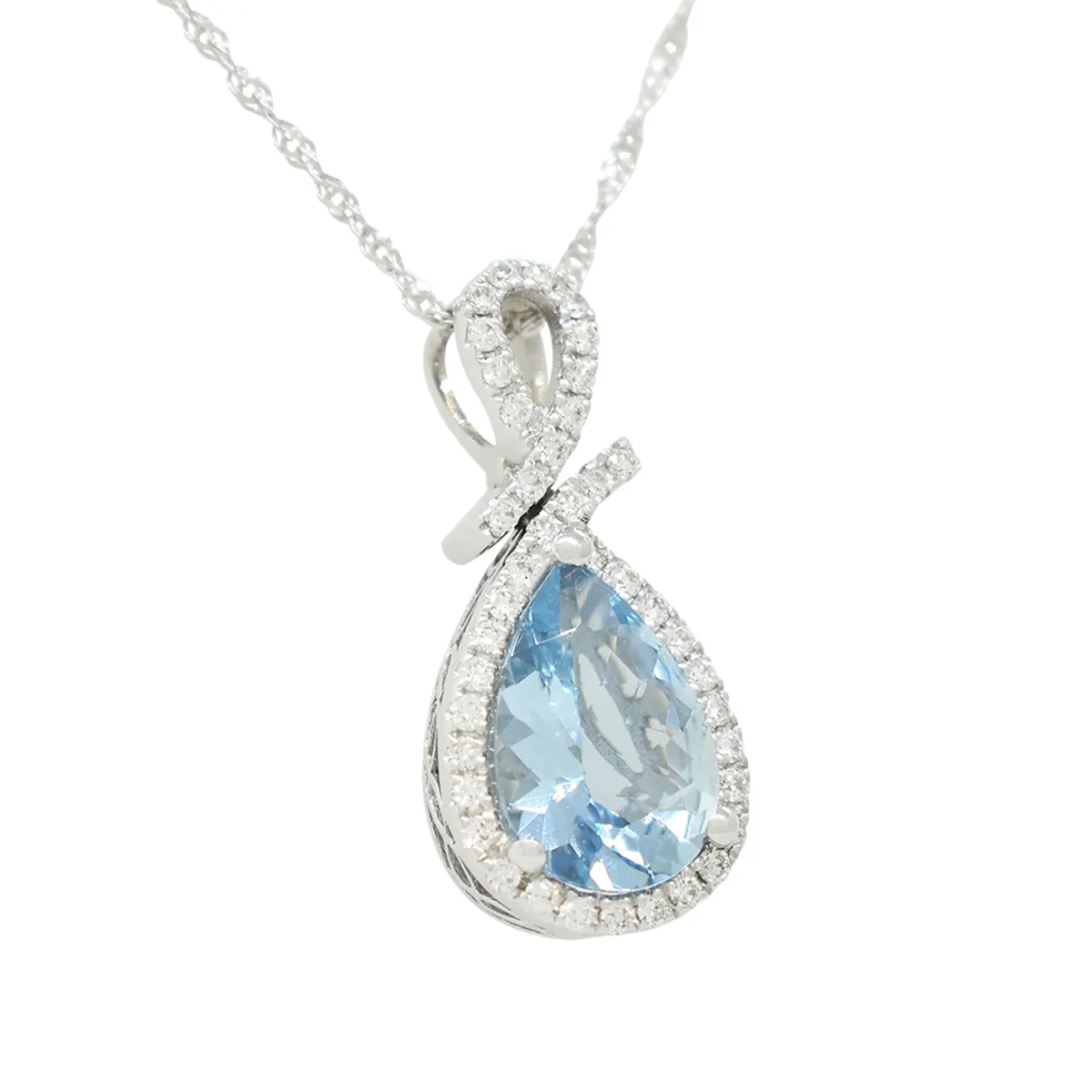 Aquamarine and diamond necklace in 14K white gold with 1.42 Ct. pear shape natural aquamarine and 0.21 Ct. t.w. in 41 round cut genuine diamonds