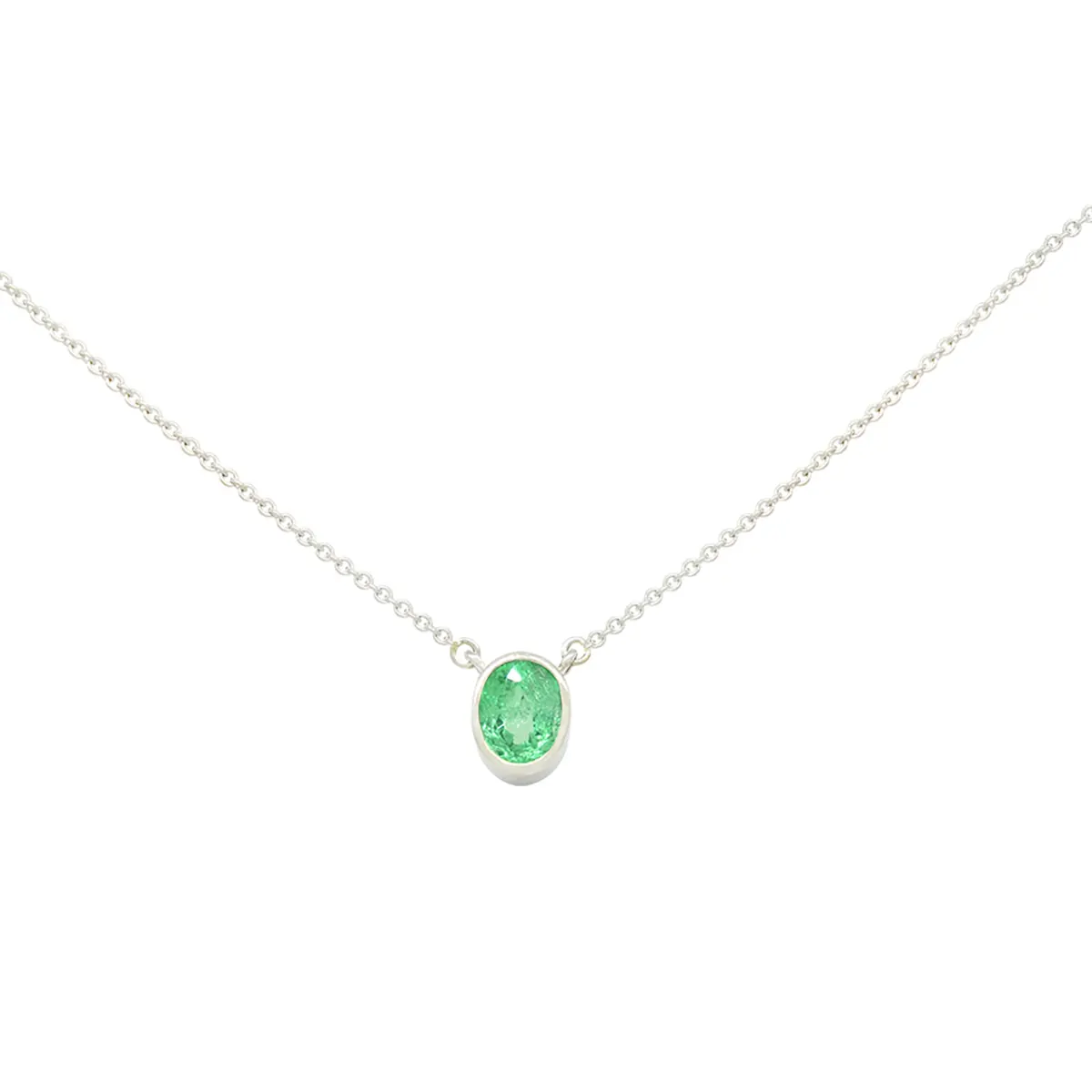 Small Bezel Setting Solitaire Emerald Necklace with Oval Shape Natural Emerald
