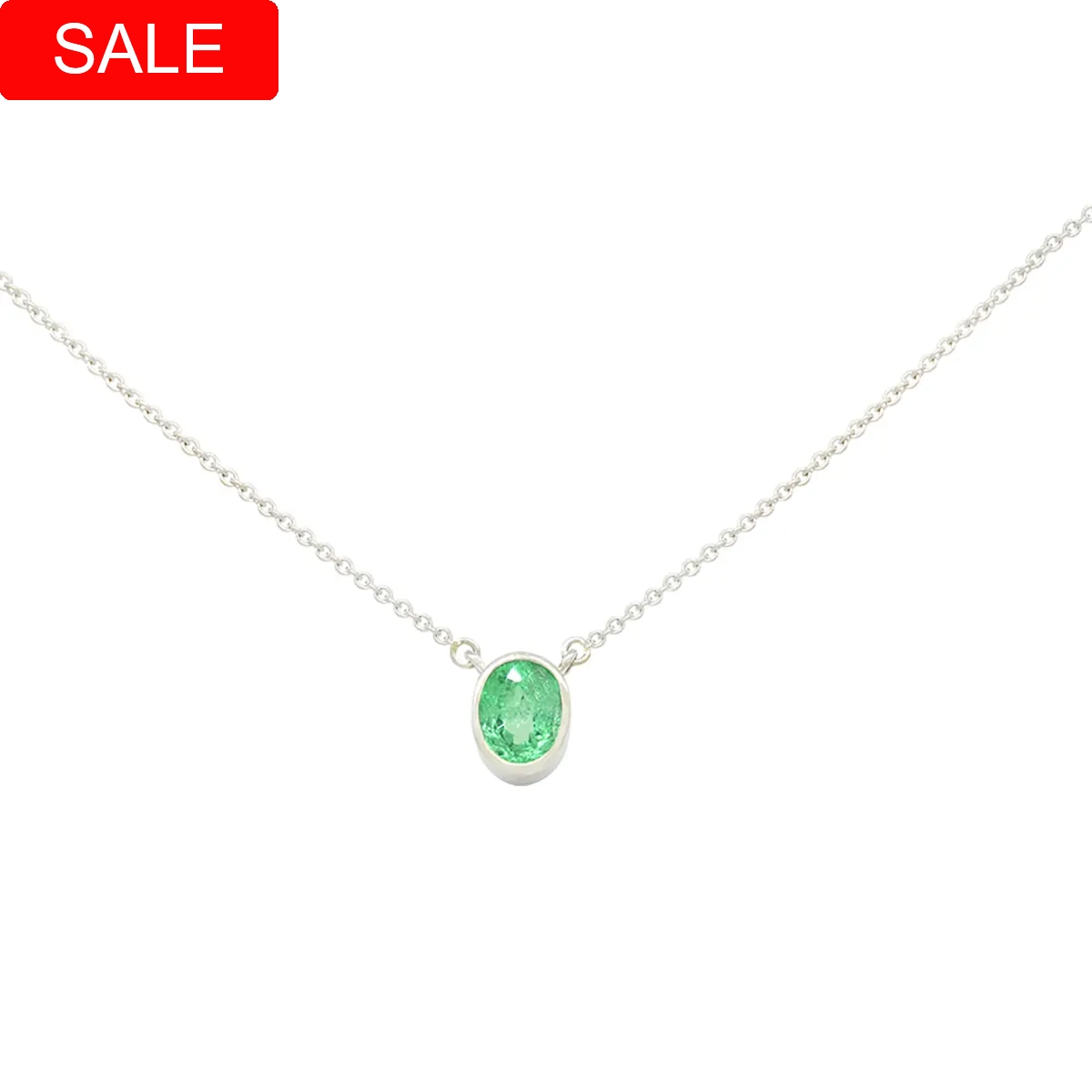 Solo stone emerald necklace in 18K white gold with 0.61 Ct. oval shape green color natural Colombian emerald