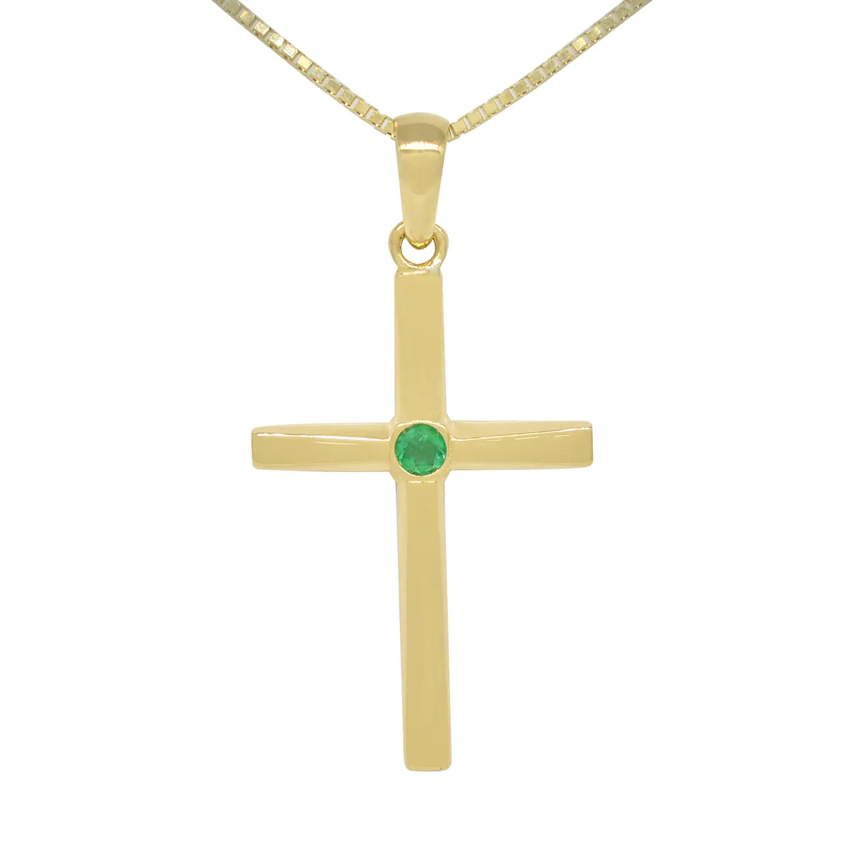 18K yellow gold cross pendant necklace with small round cut natural Colombian emerald in 0.05 Ct. weight set in the center