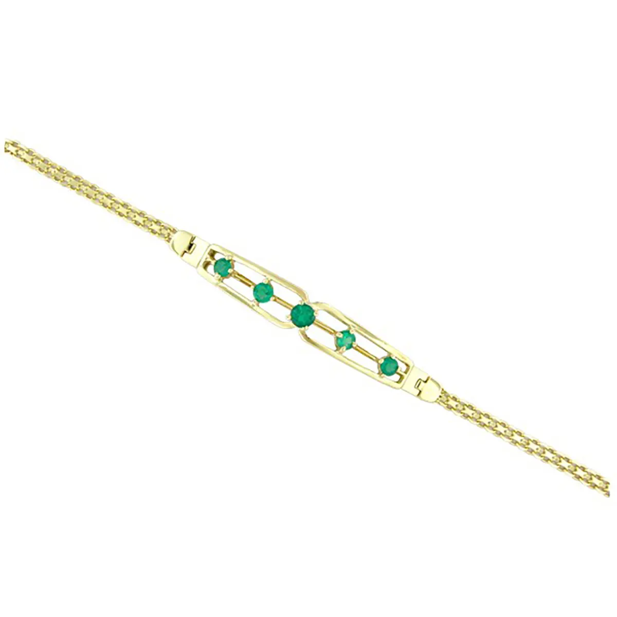 18K Yellow Gold Emerald Bracelet With 5 Round Cut Natural Emeralds