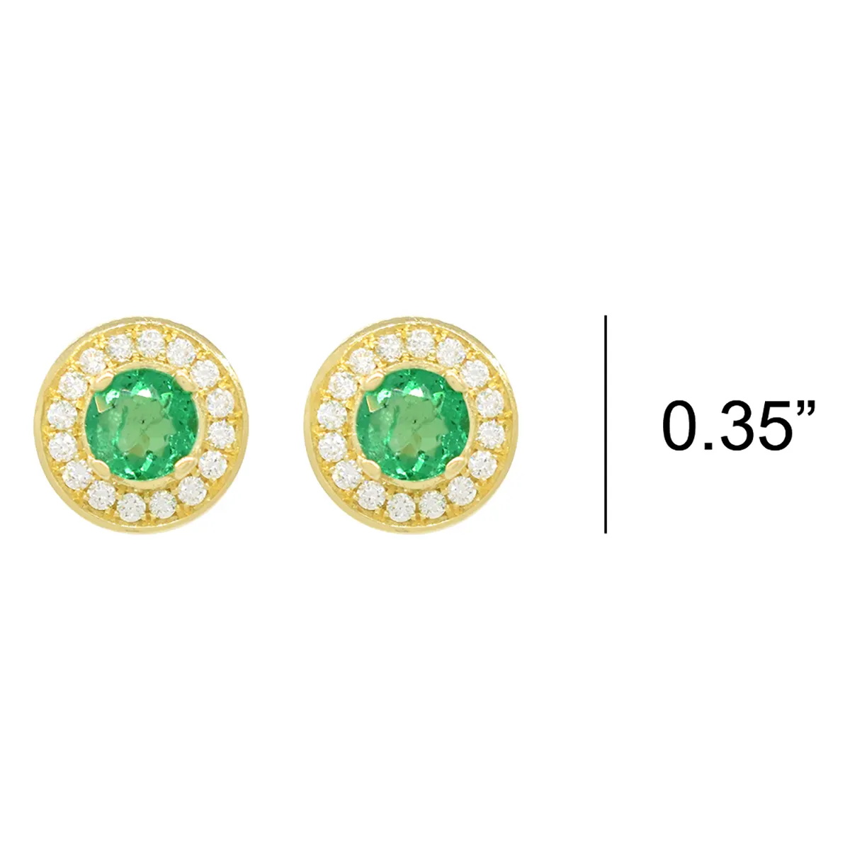 The diameter of these stud emerald and diamond earrings is 0.35 inches, a little more than 1/3 of an inch, the perfect size for a medium size studs earrings