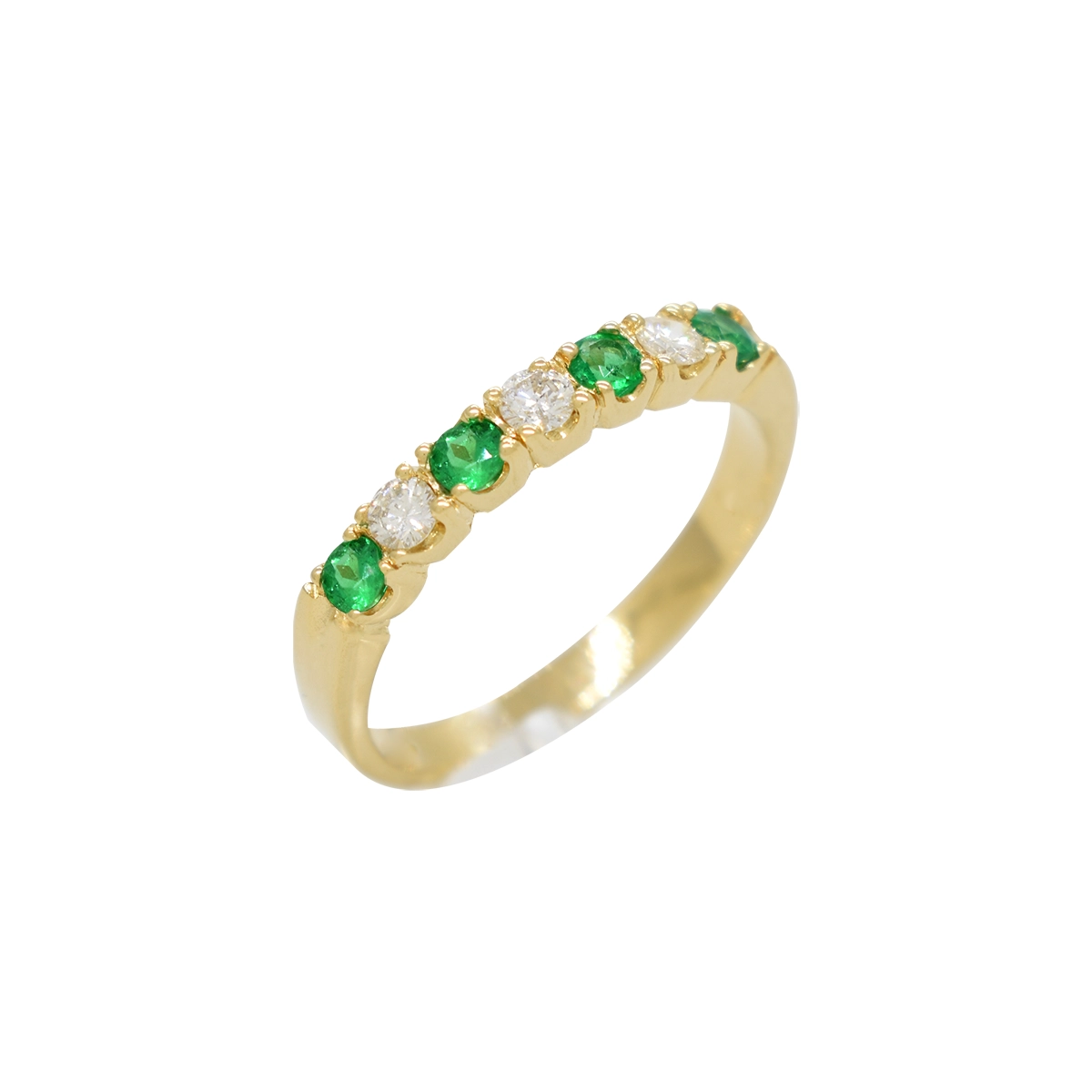Emerald and diamond wedding band ring, custom made in 18K gold with 4 round cut natural emeralds in 0.24 Ct. t.w. and 3 round cut diamonds in 0.18 Ct. t.w.