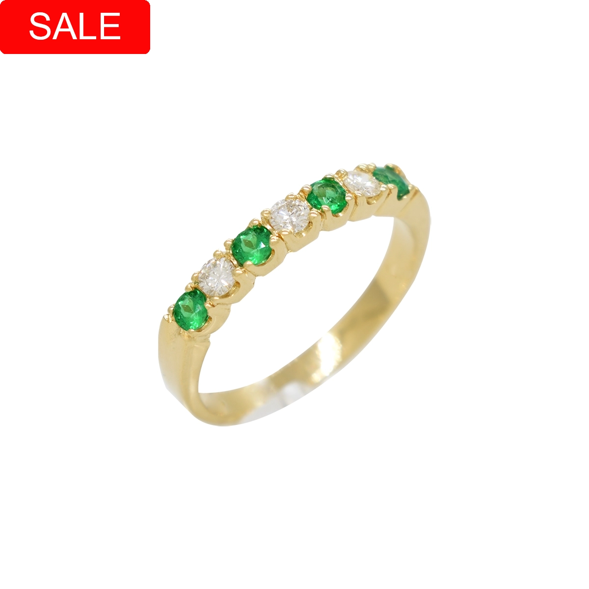 Emerald and diamond wedding band ring, custom made in 18K gold with 4 round cut natural emeralds in 0.24 Ct. t.w. and 3 round cut diamonds in 0.18 Ct. t.w.